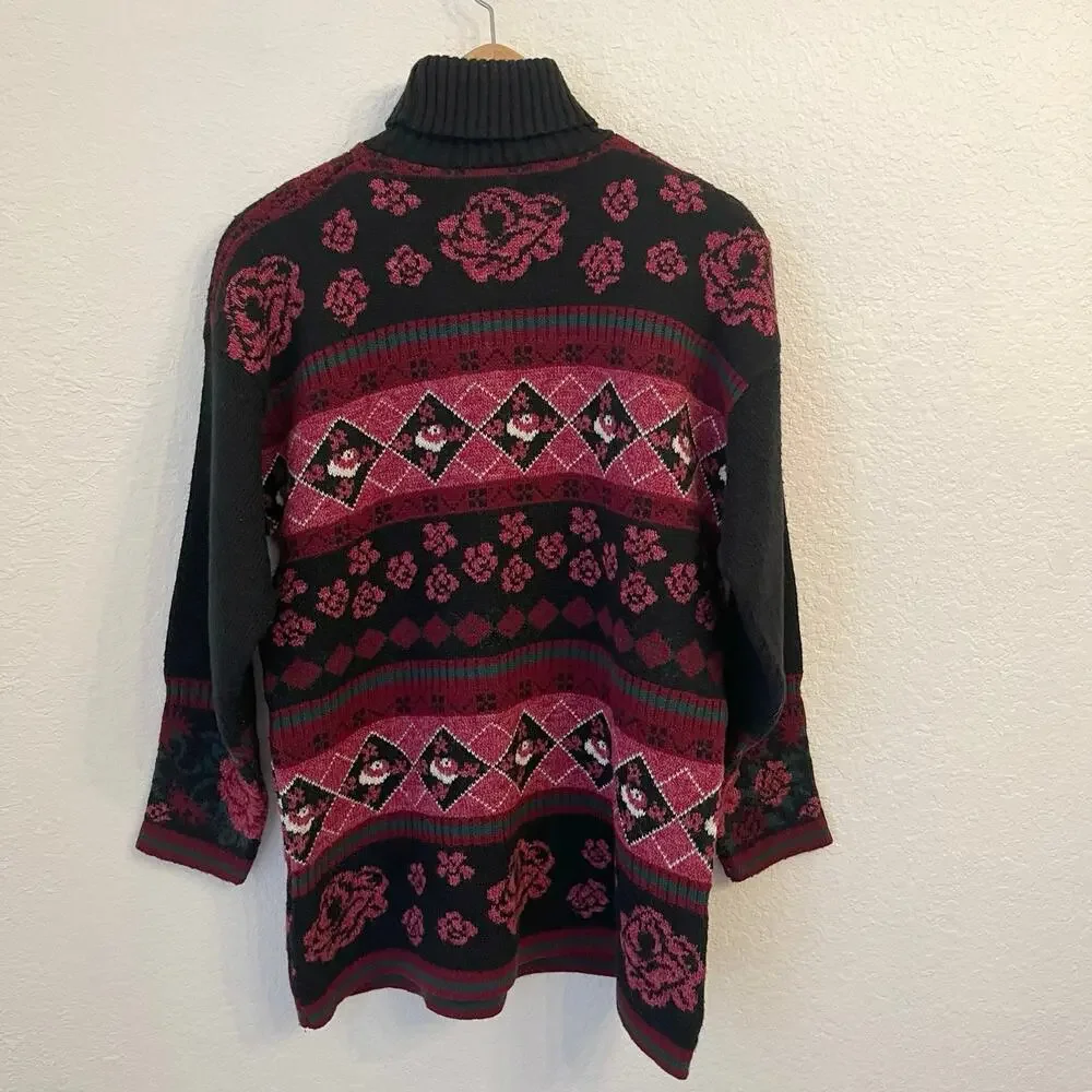 Vintage Cottagecore Turtleneck‎ Sweater Small Rose Floral Tunic Chunky Knit USA